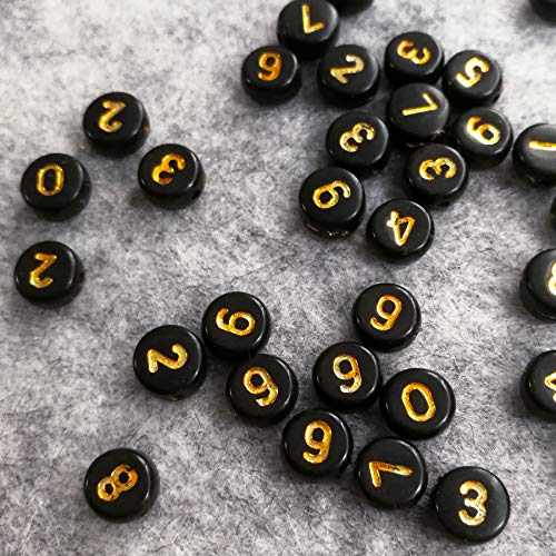 Amaney 500pcs Black Acrylic Gold Number Beads 7x4mm Mixed Acrylic Round Shape Loose Beads - color: BlackGold, size: 7x4mm