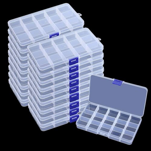 KINJOEK 20 Pack 15 Grids Plastic Bead Organizer Containers Storage, Adjustable Dividers Earring Diamond Jewelry Bead Painting Storage Case, Clear Small Fishing Tackle Box for Cross Stitch Accessories - color: Clear, size: 15Grid 20PCS