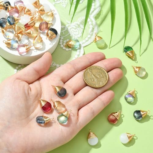 KitBeads 50pcs Glass Water Drop Charms Transparent Colorful Gold Plated Teardrop Charms for Jewelry Making
