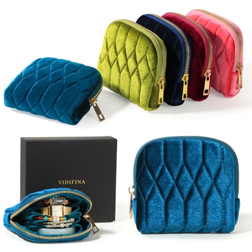 Small Travel Jewelry Case, Mini Travel Jewelry Bag with Zipper, 5-Layer Velvet Organizer Pouch for Bracelet Rings Earrings - Diamond Stitched Velvet Teal Blue - color: TealBlue