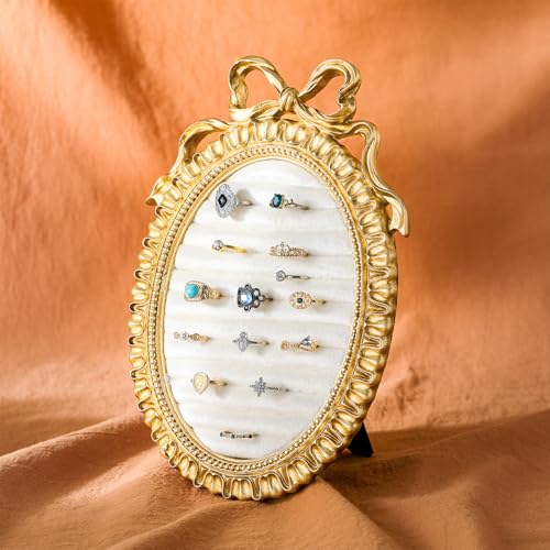 Liliaafar Vintage Ring Holder Round Bow Gold Ring Wedding Display Suede Jewelry Box Stand Frame Earring Tray Anniversary Engagement Baroque Organizer Photograph Prop for Women Birthday Christmas Gift - color: Gold, style: Big Bow
