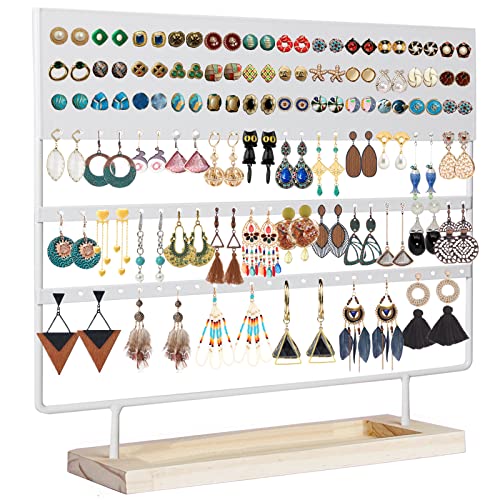 Earring Holder Organizer Stand - Earrings Display Rack 144 Holes Jewelry Holder Tower with Wooden Tray for Earrings Rings White - color: White