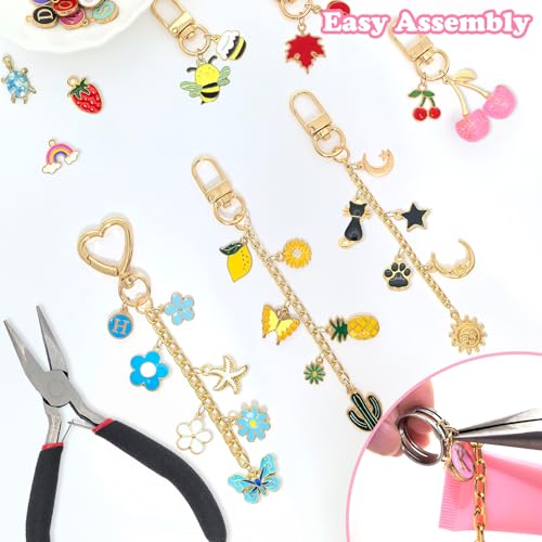 328Pcs Charms Lip Gloss Keychain Making Kit, DIY Keychain Supplies with 128 Charms, 20 Clasps, Jump Rings, Chain, Jewelry Plier, Hole Punch, Bag Charm Kit, Jewelry Making Kit for Crafting Keychains - color: Gold-328Pcs Kit