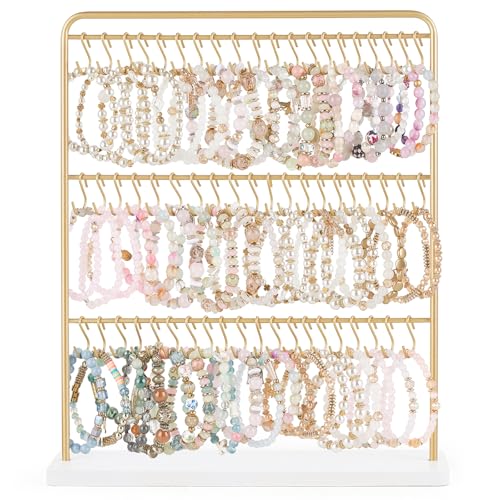 Mkono Bracelet Holder Metal Jewelry Organizer Display Stand Modern Necklace Holder with 60 Hooks Storage Rack for Hanging Bangle and Earrings Bedroom Dressing Table Decor Gifts for Women,Gold