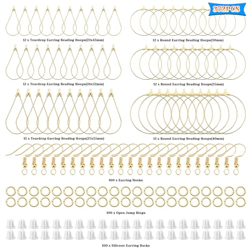 372Pcs Earrings Beading Hoop Set with 72 Earring Finding Teardrop Round Beading Hoop Earrings Bulk with 100 Hooks,100 Jump Ring,100 Ear Backs for DIY Jewelry Making Earrings Making Supplies(K Gold) - color: 372Pcs-K Gold