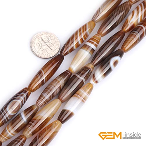 GEM-Inside 8x30mm Natural Brown Botswana Onyx Agate Stone Semi Precious Rice Olive Oval Chakras Beads for Jewelry Making DIY Handmade Craft Supplies 15" - size: Brown-8x30mm