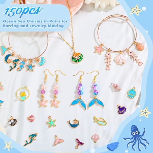Acejoz 150 Pcs Ocean Beach Sea Charms for Jewelry Making and Bracelets, Assorted Summer Sea Shell Charms Bulk for Earring Necklace Bracelet Jewelry Making and Crafting