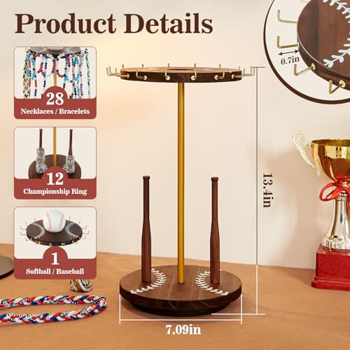 Pinzoveco Baseball Drip Necklace Organizer Holder,Rotating Baseball Display Stand with 14 Hooks, Championship Ring Display Holder, 360° Drip Necklace Championship Ring Holder Baseball Gifts - color: Carbonized Brown