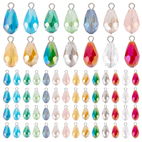 PH PandaHall 70pcs 14 Colors Faceted Teardrop Charms 20mm AB Color Glass Crystal Pendants, Glass Charms Beads Dangle Pendants for Necklace Earring Bracelet Jewelry Craft Making