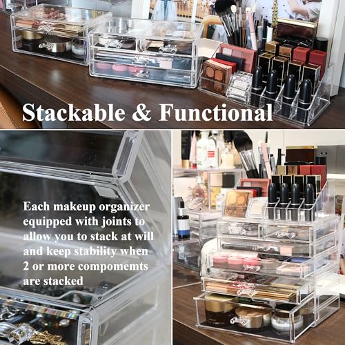 Sea Team 3-Layer Stackable Clear Makeup Organizer with Drawers, Acrylic Plastic Cosmetic Display Case, Jewelry Storage Box for Dresser, Bathroom, Vanity, Countertop (6 Drawers, 1 Lipstick Holder) - size: 6 Drawers, 1 Lipstick Holder