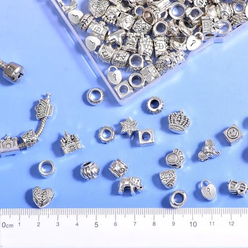 120Pcs Large Hole Metal Spacer Beads for Jewelry Making, Silver & Gold Findings for Bracelet, Large Hole & Mixed Style (Silver) - color: 120Pcs Silver