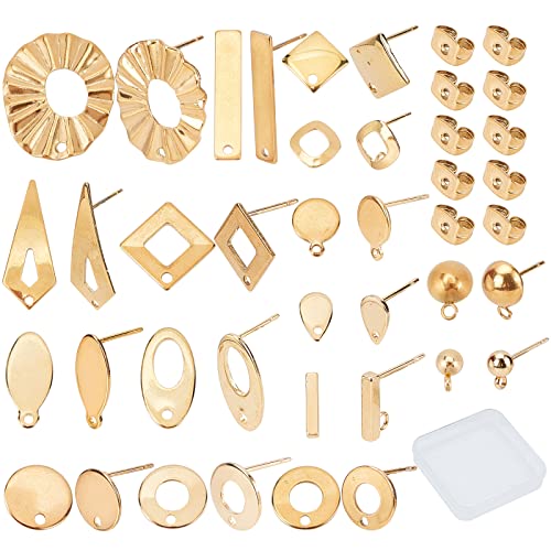 SUNNYCLUE 1 Box 46Pcs 16 Styles Stainless Steel Stud Earring Finding Including 32pcs Hypoallergenic Ear Stud & 14Pcs Ear Nuts for Women Beginners DIY Earring Jewellery Making Crafts, Golden - color: 16 Pairs Golden Tone Stud Earring Findings