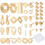 SUNNYCLUE 1 Box 46Pcs 16 Styles Stainless Steel Stud Earring Finding Including 32pcs Hypoallergenic Ear Stud & 14Pcs Ear Nuts for Women Beginners DIY Earring Jewellery Making Crafts, Golden - color: 16 Pairs Golden Tone Stud Earring Findings