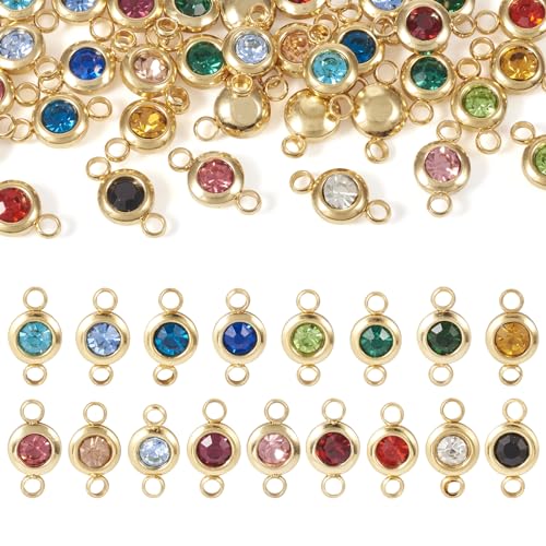Cheriswelry 34Pcs Stainless Steel Connector Charms Flat Round Rhinestone Crystal Link Pendants 17 Colors for DIY Necklace Bracelet Jewelry Making - color: Mixed Color