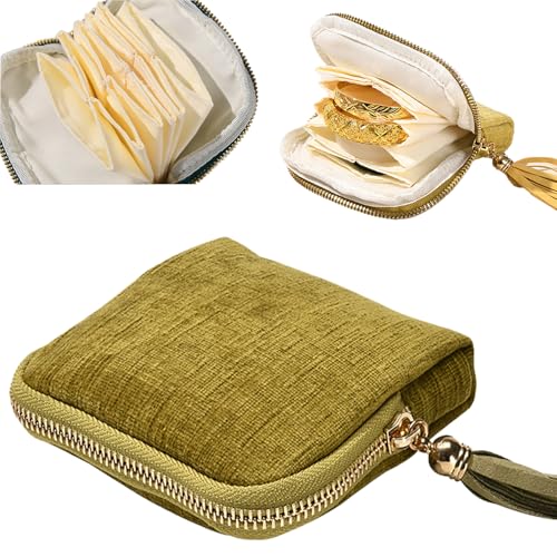 Travel Jewelry Organizer Bag Small Jewelry Holder Case with Tassel Zipper for Vacation Business Trip, Velvet Necklace Earrings Bangles Storage Box for Women Girls - color: Olive Green