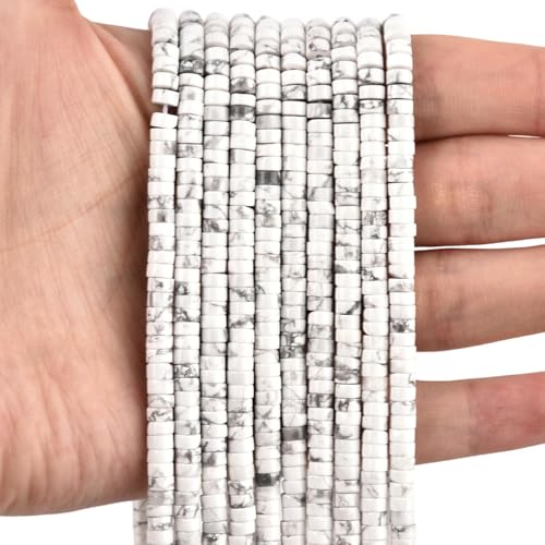 300pcs Natural White Howlite Heishi Spacer Beads 2x4mm Genuine Real Disc Stone Beading DIY Charm Smooth Loose Gemstone Beads for Jewelry Making Bracelets Necklaces Earrings Crafts - color: White Howlite