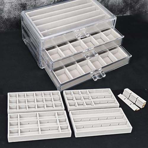 YUFONG Earring Organizer Box Acrylic Jewelry Organizer with 3 Drawers 54 Adjustable Grids Clear Stackable Earring Holder Velvet Trays Ring Display Case for Women Girls (Beige) - color: Beige