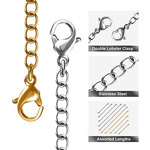 Necklace Extenders, 10Pcs Stainless Steel Gold Silver Necklace Bracelet Anklet Extension Chains with Lobster Clasps and Closures for Jewelry Making - color: Gold Silver