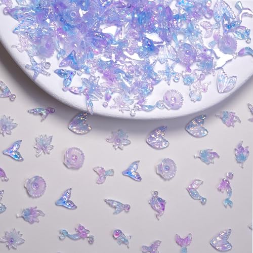 100Pcs Ocean Nail Art Charms Resin Flat Back Cartoon Nail Accessories for DIY Acrylic Nails Supplies with Cute Mermaid Starfish Dolphin Jellyfish Nail Jewelry for Women Design Manicure Decoration - color: Style-01