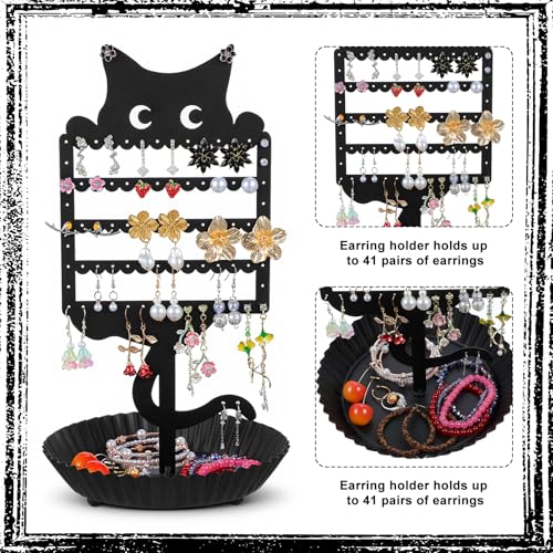 Cat Earring Holder Organizer Stand, Black Metal Jewelry Display Rack with Multiple Holes Hooks for Studs, Hoops, Necklaces, Bracelets, Rings, Cute Cat-Shaped Vanity Earring Tree for Girls