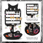 Cat Earring Holder Organizer Stand, Black Metal Jewelry Display Rack with Multiple Holes Hooks for Studs, Hoops, Necklaces, Bracelets, Rings, Cute Cat-Shaped Vanity Earring Tree for Girls