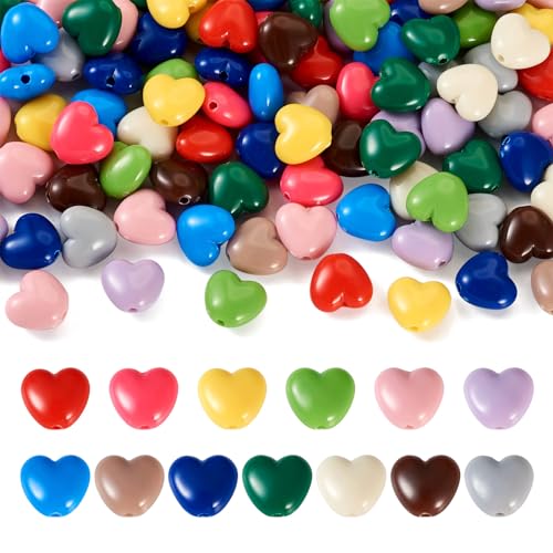 Beadthoven 130pcs Acrylic Heart Beads - 13 Colors Valentine's Spacers, Opaque Colorful Cute Rainbow Plastic Small Love Pony Beads for DIY Jewelry Making Supplies, 9x9.5mm - color: Heart Multicolor