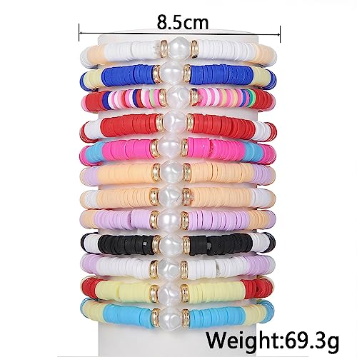 COLORFUL BLING 5-12Pcs Bohemian Love Heart Bead Bracelets for Women Vinyl Disc Heishi Surfer Stackable Stretch Bracelet Summer Beach Boho Jewelry - color: 12pcs pearl