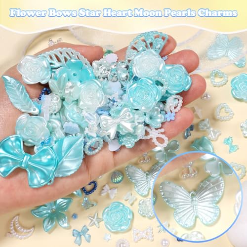 350 Pcs Junk Case Charms Blue 3D Resin ABS Rose Flower Bows Butterfly Charm with Bows Moon Heart Pearls Fun Beads Flatback Resin Charms for Craft DIY - color: color-S6