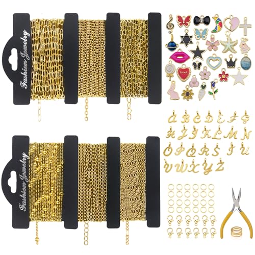 18K Gold Necklace Chain Kit for Jewelry Making, 20 Feet DIY Bracelet Chains with Jump Rings, Lobster Clasps, Connectors, Jewelry Pliers, 30 Colorful Graphic Charms & 36 Letter Pendants - color: 18k Gold-20 Feet 6 Rolls+Pendants