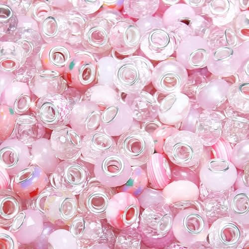 60Pcs Large Hole Beads Spacer Beads Pink Assorted European Craft Big Beads Large Hole Lampwork Murano Bead Fairy Wand Garden Beads for DIY Charm Bracelet Necklace Jewelry Making Decoration Supplies - color: Pink, size: 60 Pcs