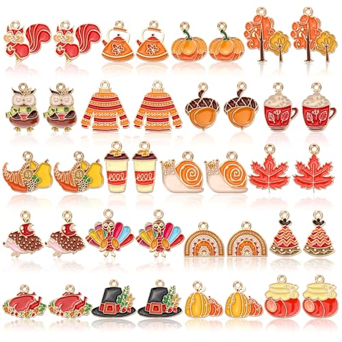 MARFOREVER 40Pcs/20 Pairs Fall Charms, Thanksgiving Charm for Jewelry Making, Autumn Pumpkin Maple Leaf Turkey Enamel Pendants for Bracelet Necklace Earrings Making Accessories - style: Fall
