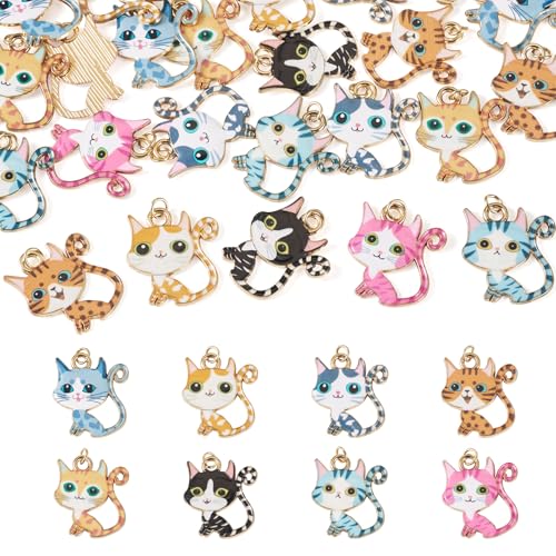 Craftdady Enamel Cat Charms Light Gold color Animal Connector Charms Cute Cat Pet Pendants for DIY Necklace Bracelet Earrings Keychain Craft Jewelry Making - color: Mixed Color Cat