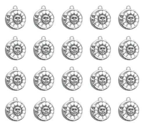 sowaka 20 Pcs Sun Charms with Moon Large 1.1 x 0.96 Inch Vintage Celestial Sun Pendants for DIY Jewelry Making Necklace Bracelets Earring Keyring Christmas Thanksgiving Decoration - color: Silver