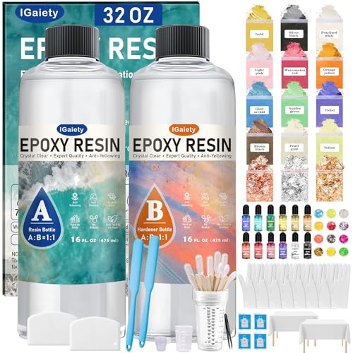 IGaiety Epoxy Resin 32 OZ, Epoxy Resin Kit, Crystal Clear Resin Not Yellowing Epoxy Kit Self-Leveling & Bubble-Free for Beginner Coating Casting DIY Jewelry Making Art Crafts (16 OZ+16 OZ) - size: 32 OZ