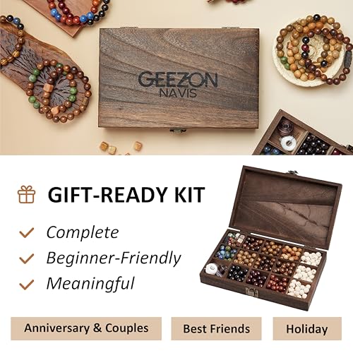 Geezon Navis Bracelet Making Kit - 10mm Natural Wooden Beads with Letters & Stone Beads - 296pcs in 16 Colors - DIY Jewelry Making Starter Kit Adult Men Women Birthday Mothers Day Gift Craft