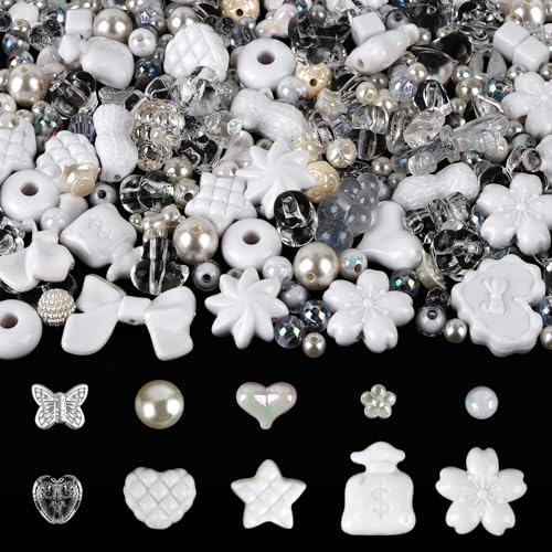 Acrylic Pastel Beads for Jewelry Making, Kalolary Colorful Bow Butterfly Flower Kawaii Plastic Candy Heart Cute Macaroon Aesthetic Beads for Bracelet Necklace DIY Supplies (White) - color: White