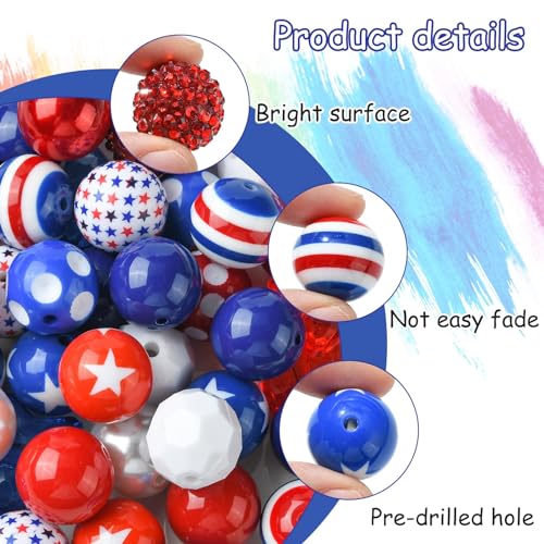 DanLingJewelry 50Pcs Random 20mm Acrylic Round Beads Independence Day Acrylic Beads Red White Blue Spacer Beads for Crafts Jewelry Making - color: 50pcs - Independence Day