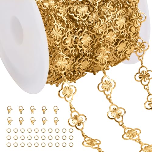 Jabogrii 16.4 Feet Gold Stainless Steel Chain for Jewelry Making Four Leaf Clover Chain Bulk Spool DIY Jewelry Making Supplies - color: FLower Gold