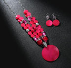 Layered Beads Statement Fashion Necklace Chunky Jewelry Set Big Colorful Glass Stone Circle Shell Pendant Choker Necklace and Earring Set for Women - color: Hot pink