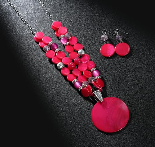 Layered Beads Statement Fashion Necklace Chunky Jewelry Set Big Colorful Glass Stone Circle Shell Pendant Choker Necklace and Earring Set for Women - color: Hot pink