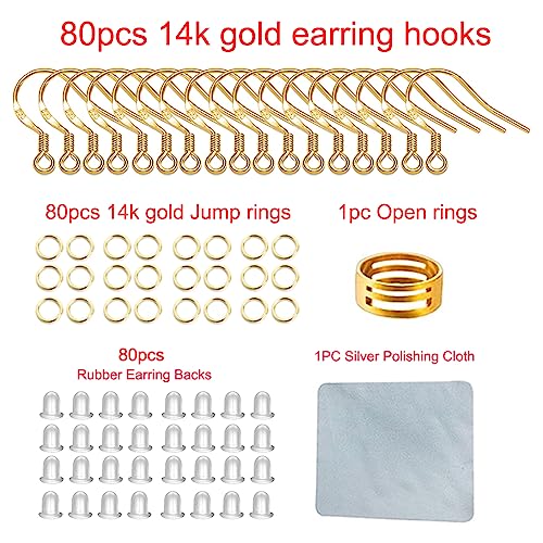 Gold Earring Hooks 80 PCS/40 Pairs, Ear Wires Fish Hooks, 240pcs Hypo-allergenic Jewelry Findings Parts with Jump Rings and Clear Silicone Earring Backs Stoppers for DIY Jewelry Making (14K Gold) - color: Small 14K Gold
