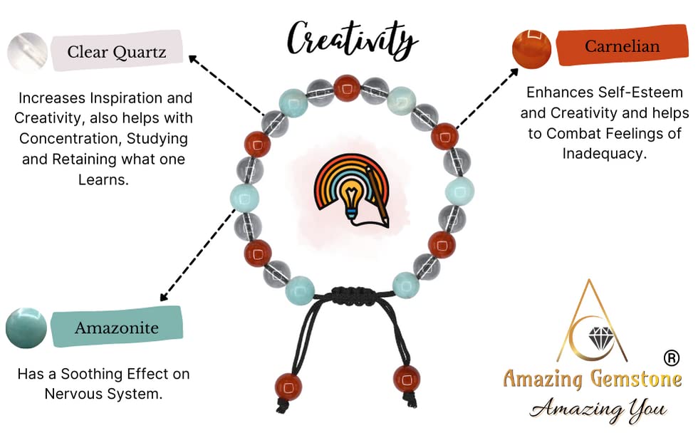 Amazing Gemstone Creativity Manifestation Bracelet - Clear Quartz Amazonite Carnelian Set for Men Women Healing Calming Anxiety Stress Relief Gifts Pulseras Para Hombres Mujer Stocking Stuffers - color: Creativity