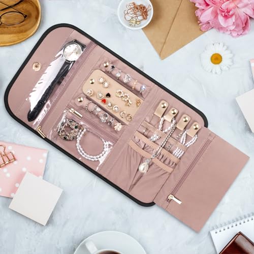 Travel Jewelry Organizer Box, Foldable Travel Case for Earrings, Necklaces, Rings, Bracelets, Black - color: Black-Tri-fold Style