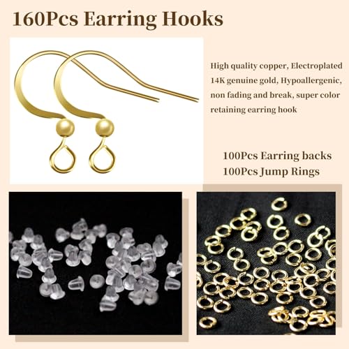 160 PCS/80 Pairs 14K Gold Tone and Silver Earring Hooks Hypoallergenic Ear Wires Fish Hooks with 100 PCS Silicone Earring Backs and 100 PCS Jump Rings Gold Earring Findings for DIY Jewelry Making - color: C style-14K Gold + Silver Earring Hooks