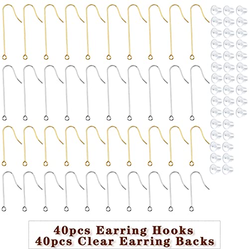 40pcs 2 Sizes Stainless Steel Earring Hooks & Backs, Hypoallergenic, French, Clear, DIY Earring Jewelry Making Supplies - color: Golden&Silver