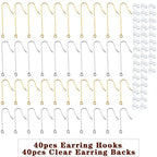 40pcs 2 Sizes Stainless Steel Earring Hooks & Backs, Hypoallergenic, French, Clear, DIY Earring Jewelry Making Supplies - color: Golden&Silver