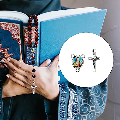 60Pcs/30Sets Rosary Making Kits Supplies Alloy Religion Cross and Center Medal Charms Pendant Oval Chandelier Links for Diy Prayer Necklace Jewelry - color: Antique Silver