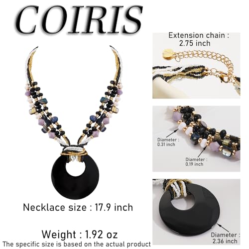 Coiris Shell Pendant Statement Strand Necklace for Women Boho Multi Beads Natural Stone Colorful Necklace Bohemian Handmade Chunky Shell Beaded Collar Jewelry for Women - color: Black