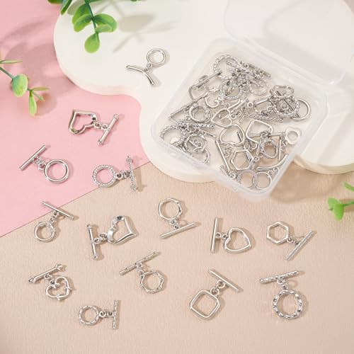 38Pcs Platinum Toggle Clasp, 19 Styles Bracelet Closure Clasps IQ Toggle Clasps Oval Flower Heart Clasp Fastener Hook Toggles Connectors for Necklace Bracelet Jewelry Making - color: Platinum-19 Styles