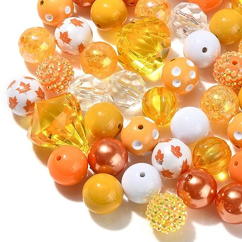 DanLingJewelry 50Pcs 20mm Thanksgiving Theme Beads Fall Bubblegum Beads Acrylic Yellow Orange Spacer Beads for DIY Jewelry Making Crafts Supplies - color: 50pcs - Thanksgiving